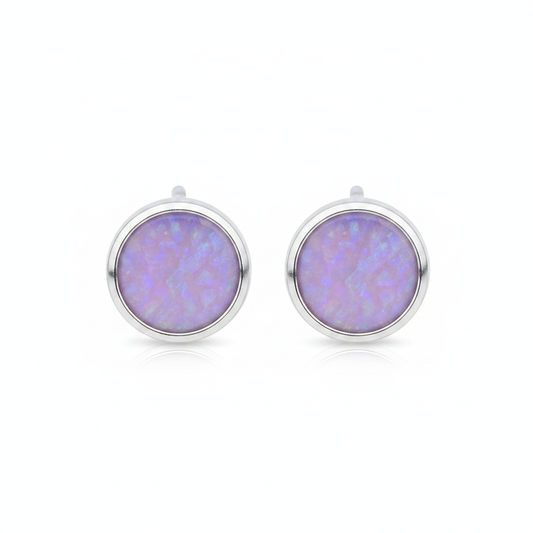 Silver 925 round bezel stud earrings — lavender purple opal resin, white background
