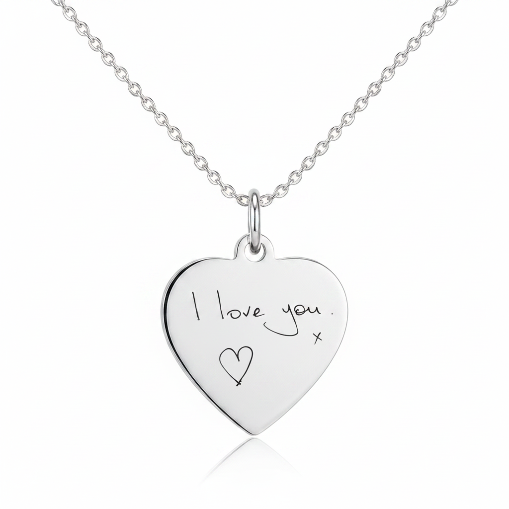925 sterling silver heart pendant necklace with original handwriting laser engraved I love you x hanging on cable chain — Lovely Oxford