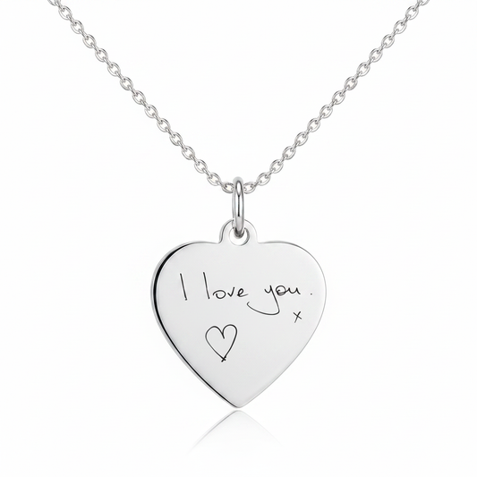 925 sterling silver heart pendant necklace with original handwriting laser engraved I love you x hanging on cable chain — Lovely Oxford
