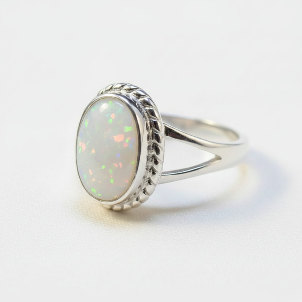 Silver 925 oval rope border memorial ring — white pearl opal flakes resin in 9x6mm oval setting, decorative rope border surround