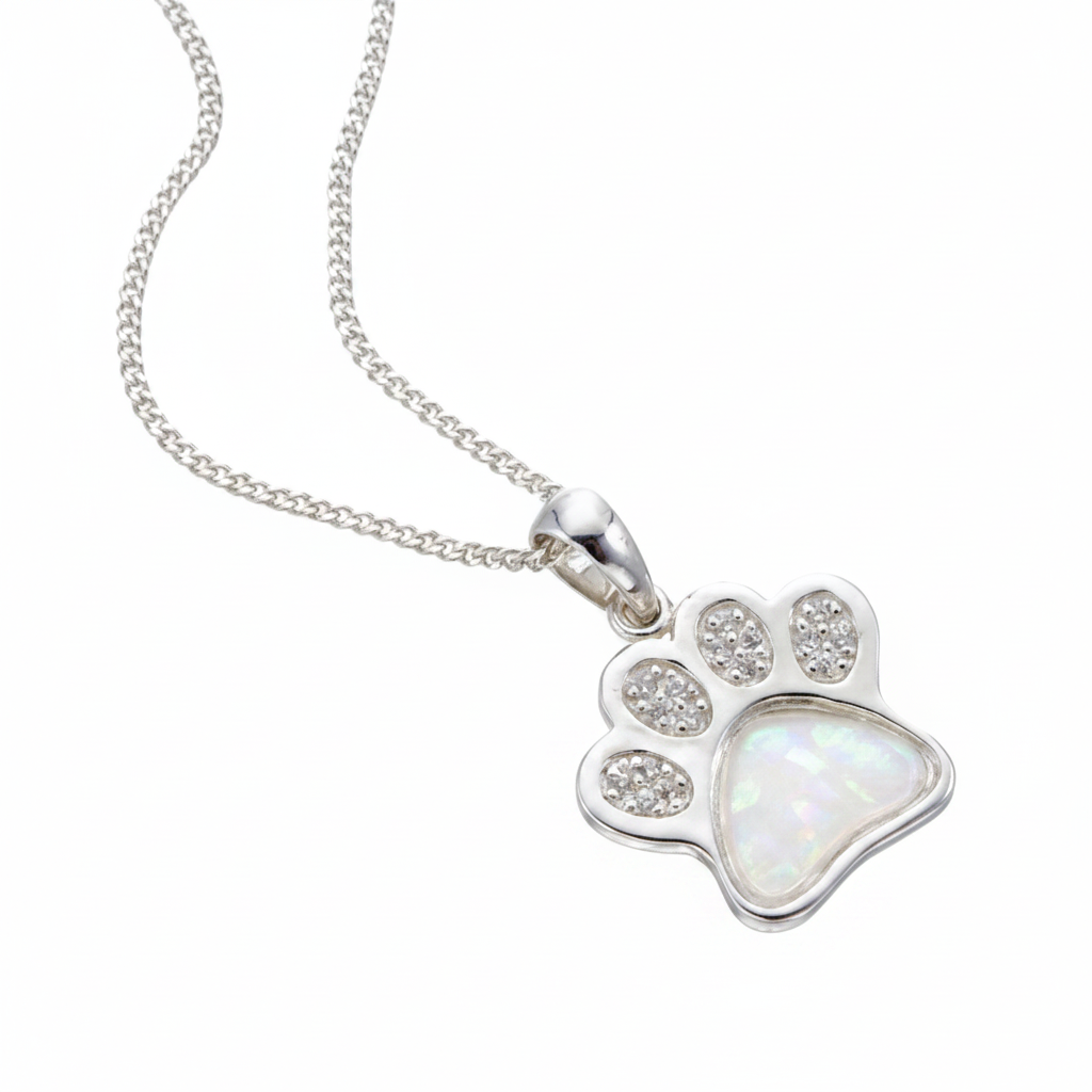 CZ Paw Print Pendant Necklace 925 Sterling Silver with white pearl opal flake inclusion in main pad
