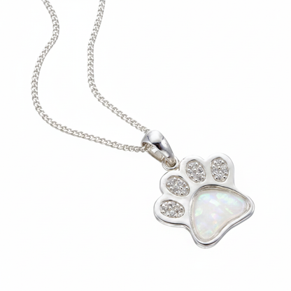 CZ Paw Print Pendant Necklace 925 Sterling Silver with white pearl opal flake inclusion in main pad