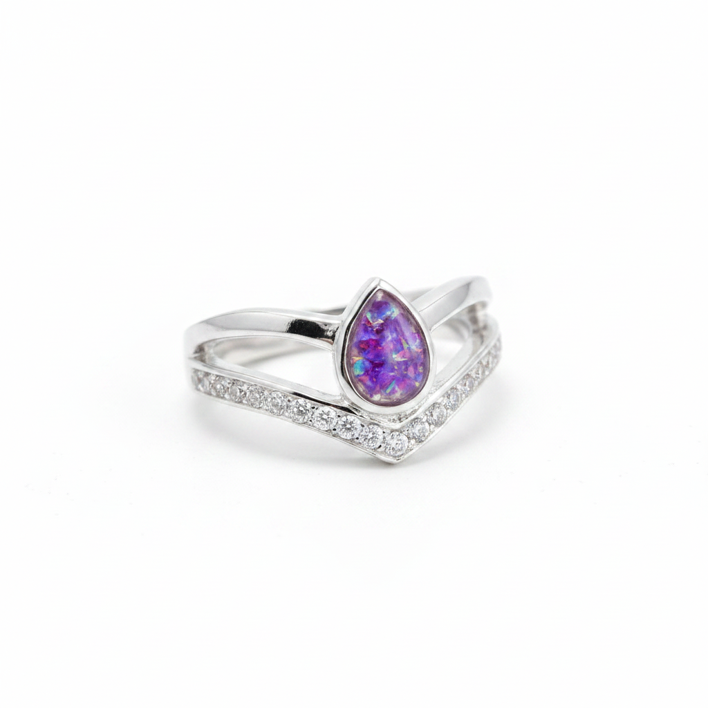 925 sterling silver pear wishbone memorial ring with lavender purple opal flakes in pear bezel on white background