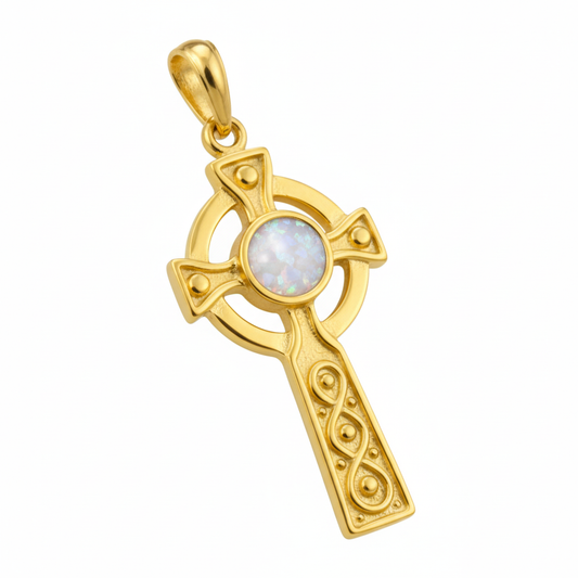 9ct gold Celtic cross memorial pendant with white pearl iridescent opal flakes – white background