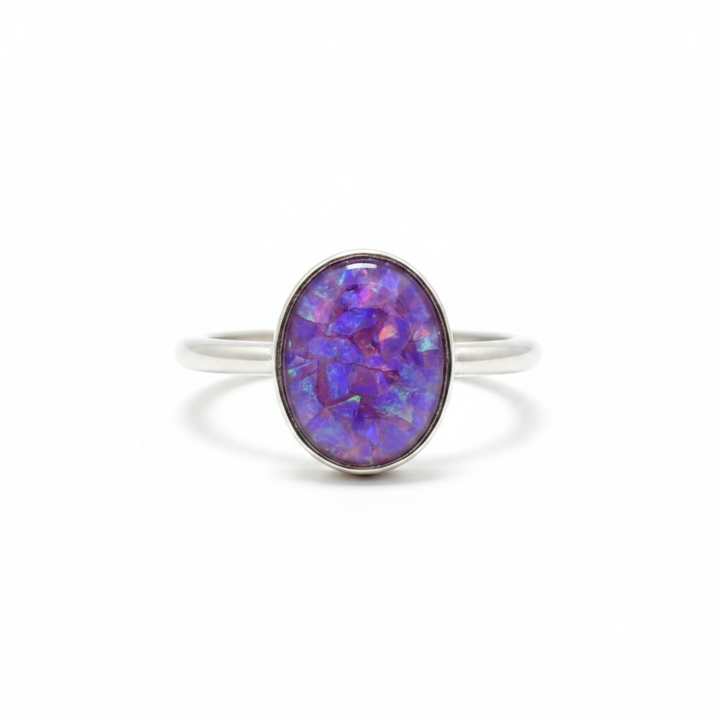 925 sterling silver oval cabochon memorial ring with lavender purple opal flakes in oval bezel on white background