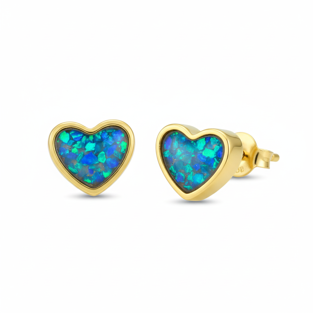 Gold heart stud earrings with blue opal flakes memorial resin