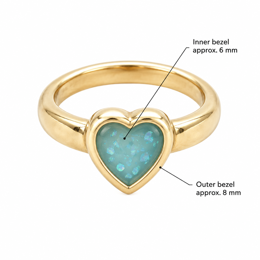 Illustrative finished Thick Trim Heart ring guide showing approximately 6 mm inner and 8 mm outer bezel