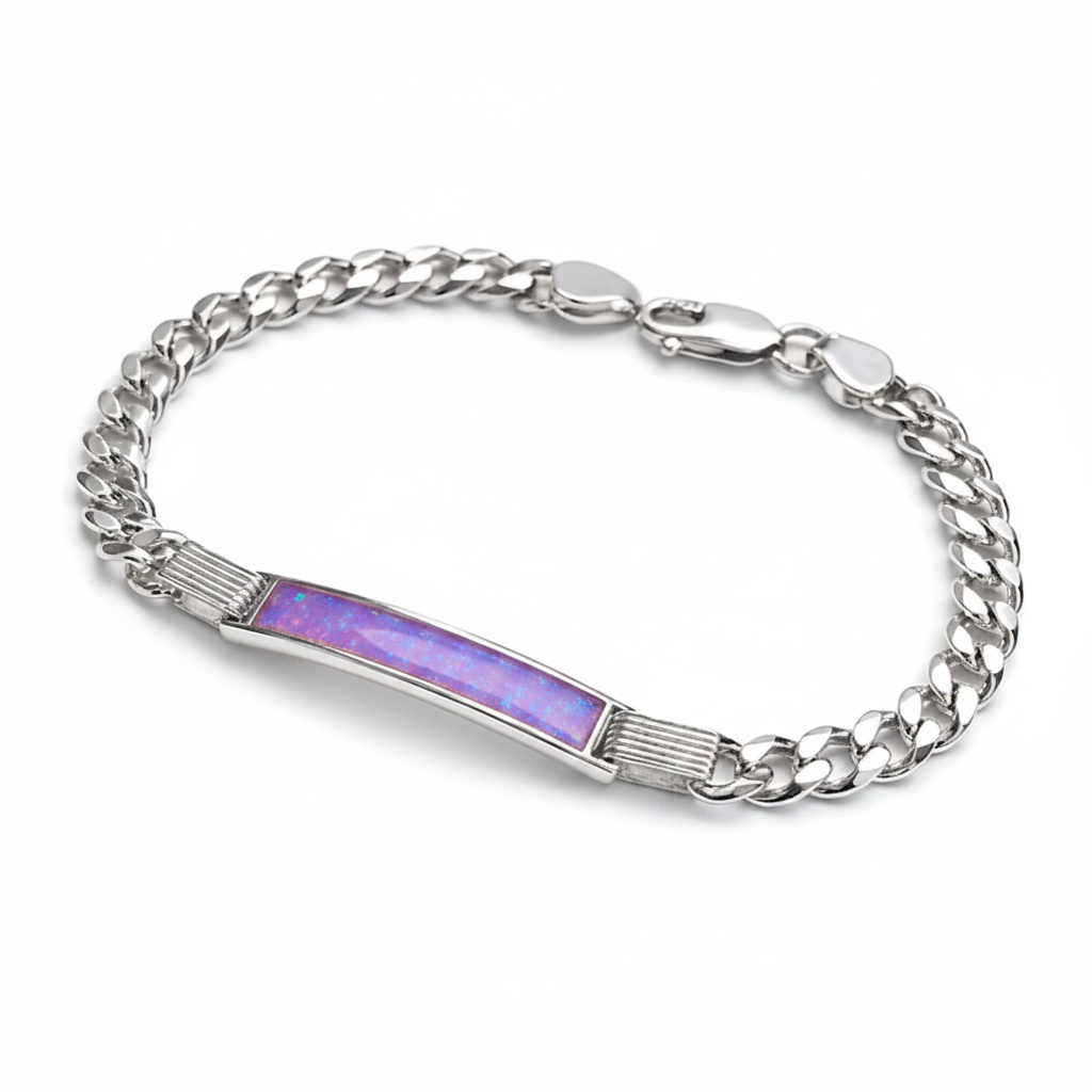 Gents silver curb chain ID bracelet with lavender purple opal resin on ID bar plate, white background