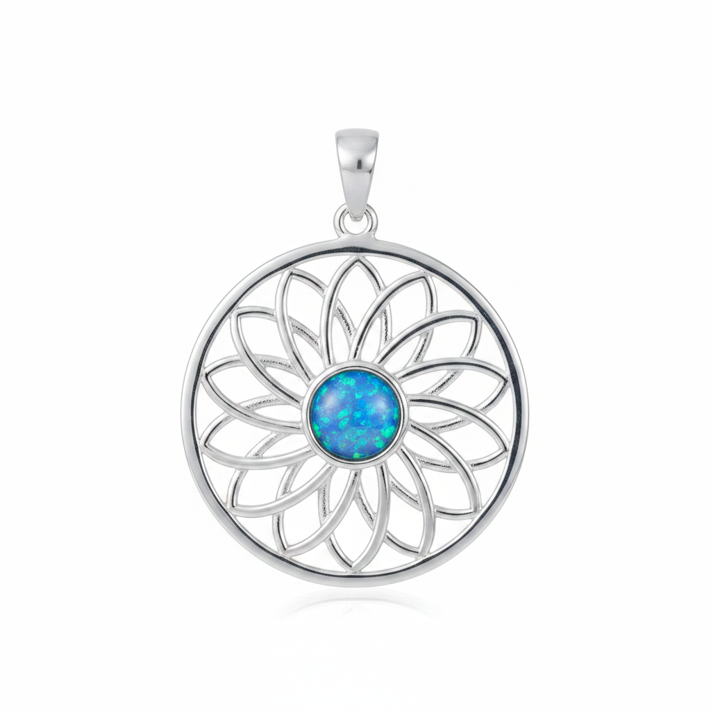 Silver 925 sunflower mandala memorial pendant with blue opal flakes, white background