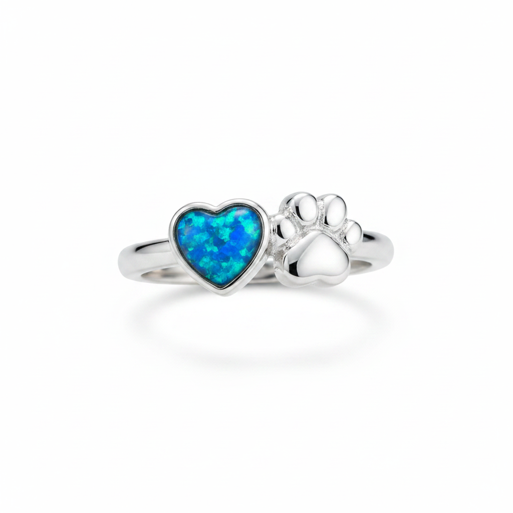 925 sterling silver paw and heart memorial ring with blue teal opal flakes in heart bezel