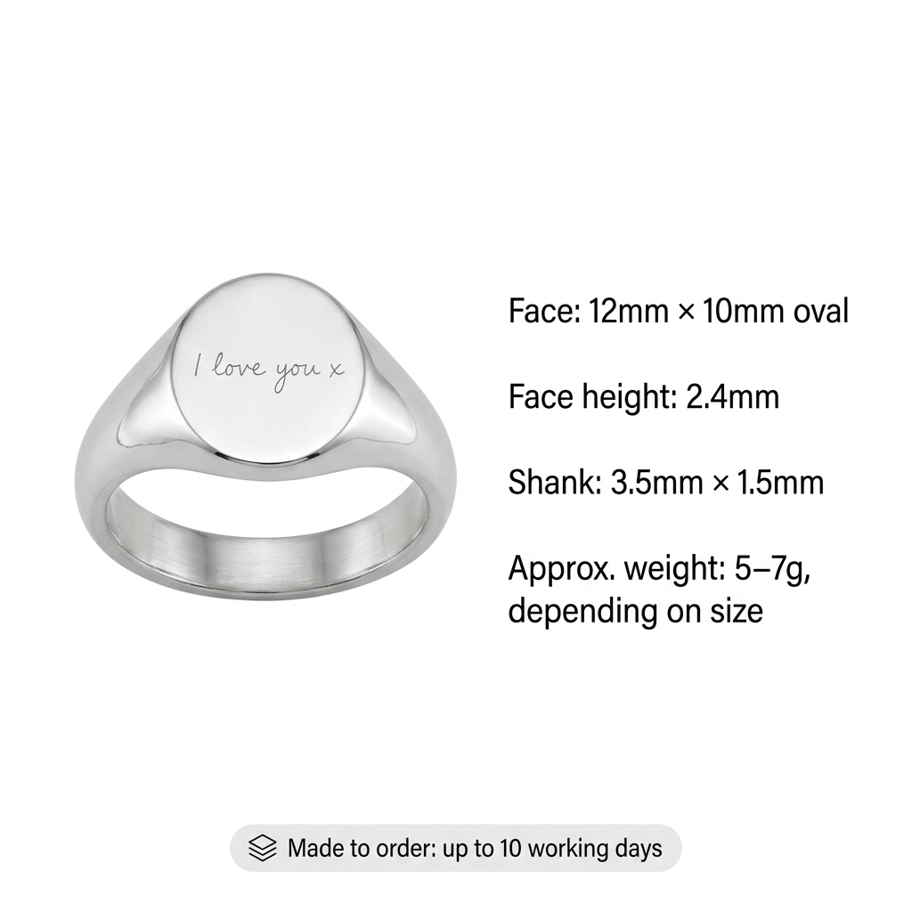 Oval silver signet ring specifications and up to 10 working days lead time