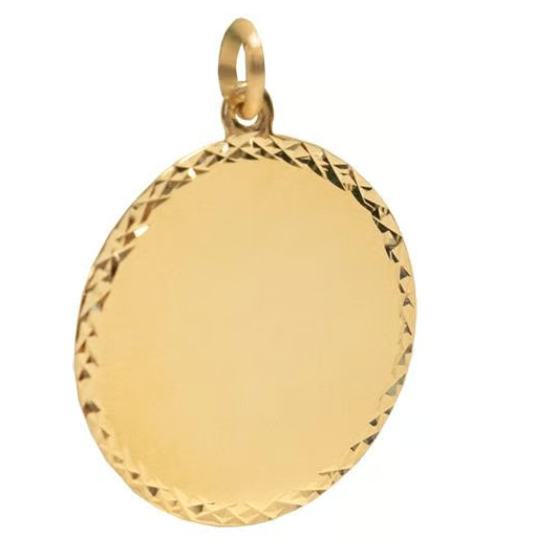 Unengraved yellow gold round disc with diamond-cut patterned border and oval top loop