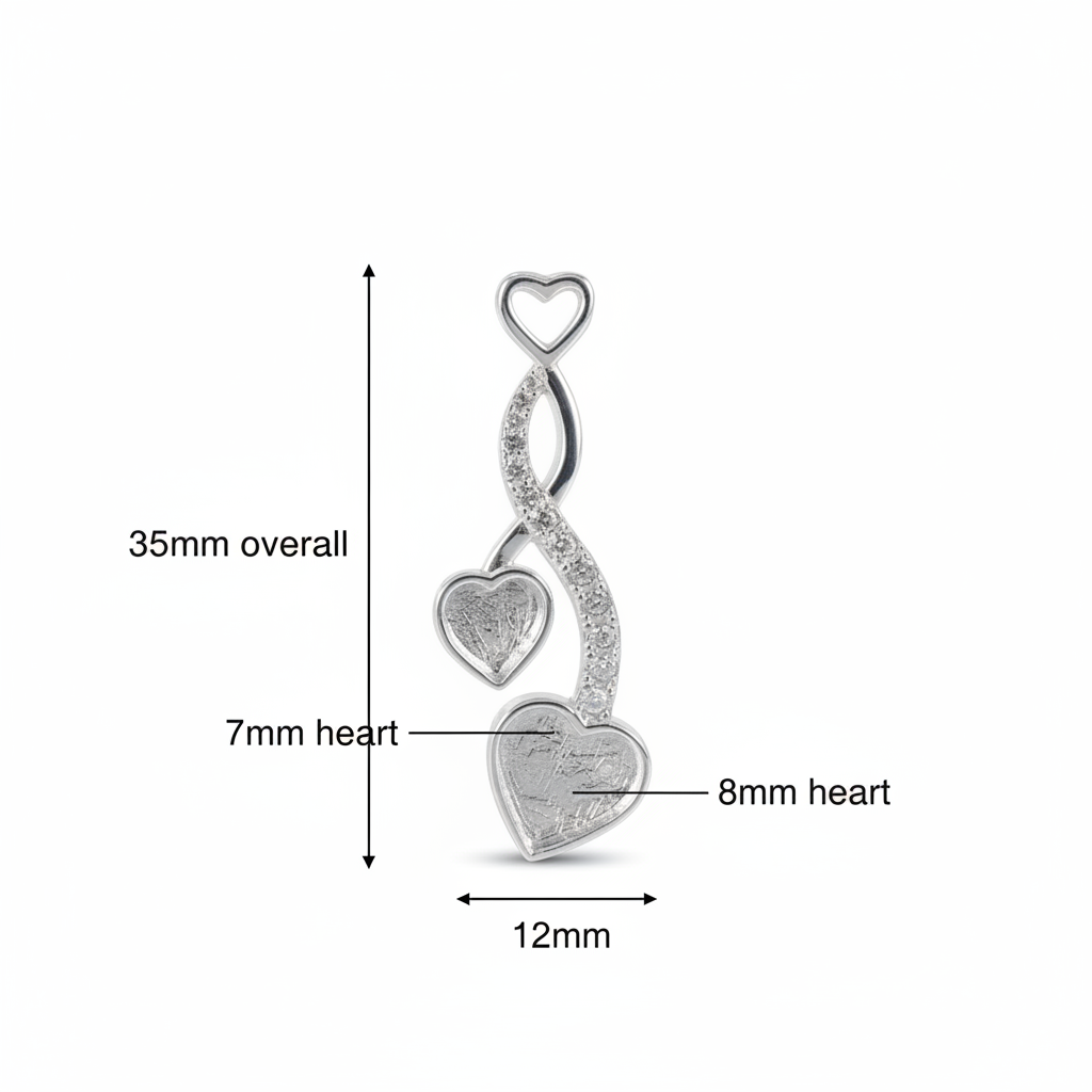 Silver 925 cascading twin heart CZ memorial pendant dimensions — 35x12mm overall, 7mm and 8mm heart settings