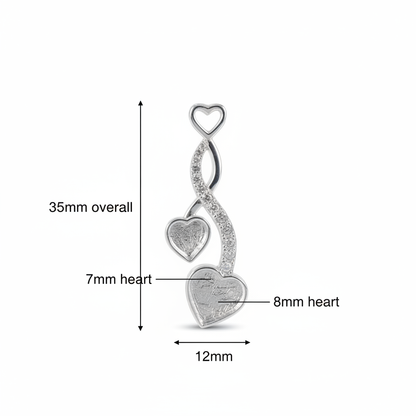 Silver 925 cascading twin heart CZ memorial pendant dimensions — 35x12mm overall, 7mm and 8mm heart settings