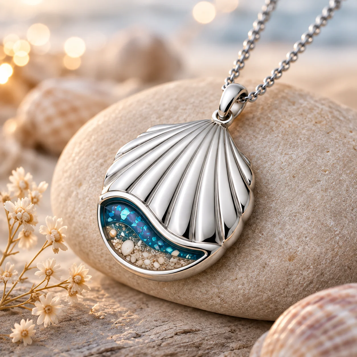 Seashell memorial pendant with blue opal and sand resin inlay