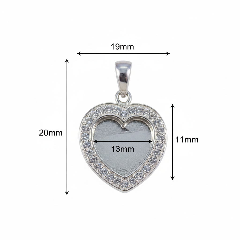 Silver 925 heart memorial pendant dimensions guide — 20x19mm overall, 13x11mm setting