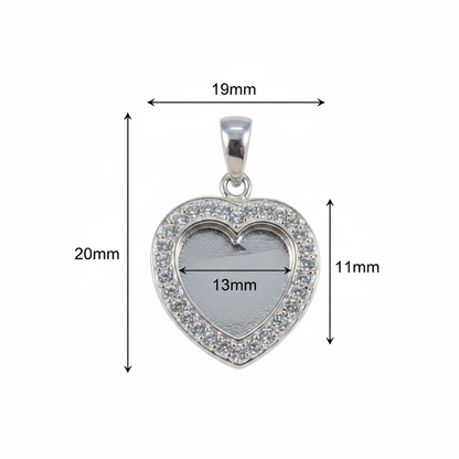 Silver 925 heart memorial pendant dimensions guide — 20x19mm overall, 13x11mm setting