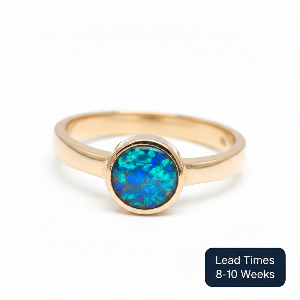 9ct yellow gold plain round 6mm bezel ring with blue teal opal