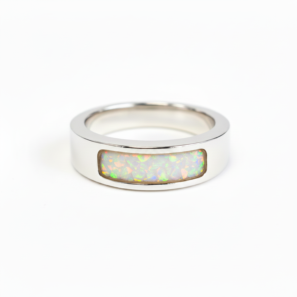 925 sterling silver 6mm unisex memorial band ring with white pearl opal flakes inclusion