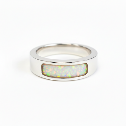 925 sterling silver 6mm unisex memorial band ring with white pearl opal flakes inclusion
