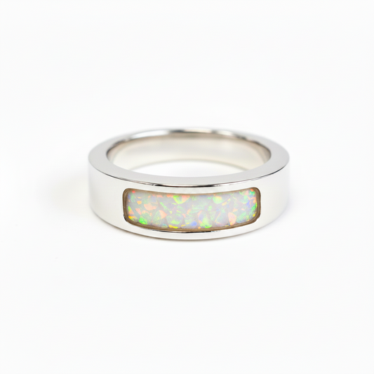 925 sterling silver 6mm unisex memorial band ring with white pearl opal flakes inclusion