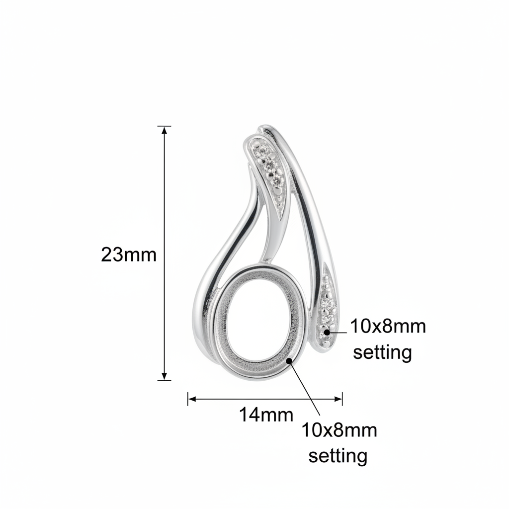 Silver 925 swirl CZ memorial pendant dimensions — 23x14mm overall, 10x8mm oval centre