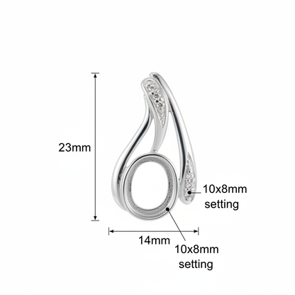 Silver 925 swirl CZ memorial pendant dimensions — 23x14mm overall, 10x8mm oval centre