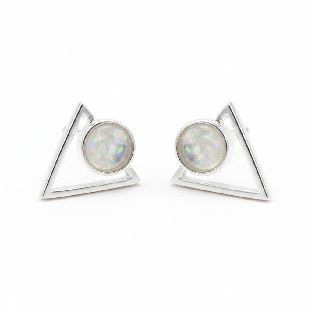Silver 925 triangle memorial stud earrings — white pearl opal flakes resin in 5mm round setting