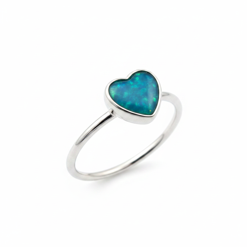 Silver 925 heart stacker memorial ring — blue teal opal flakes resin in 6mm heart setting, ultra-fine wire band