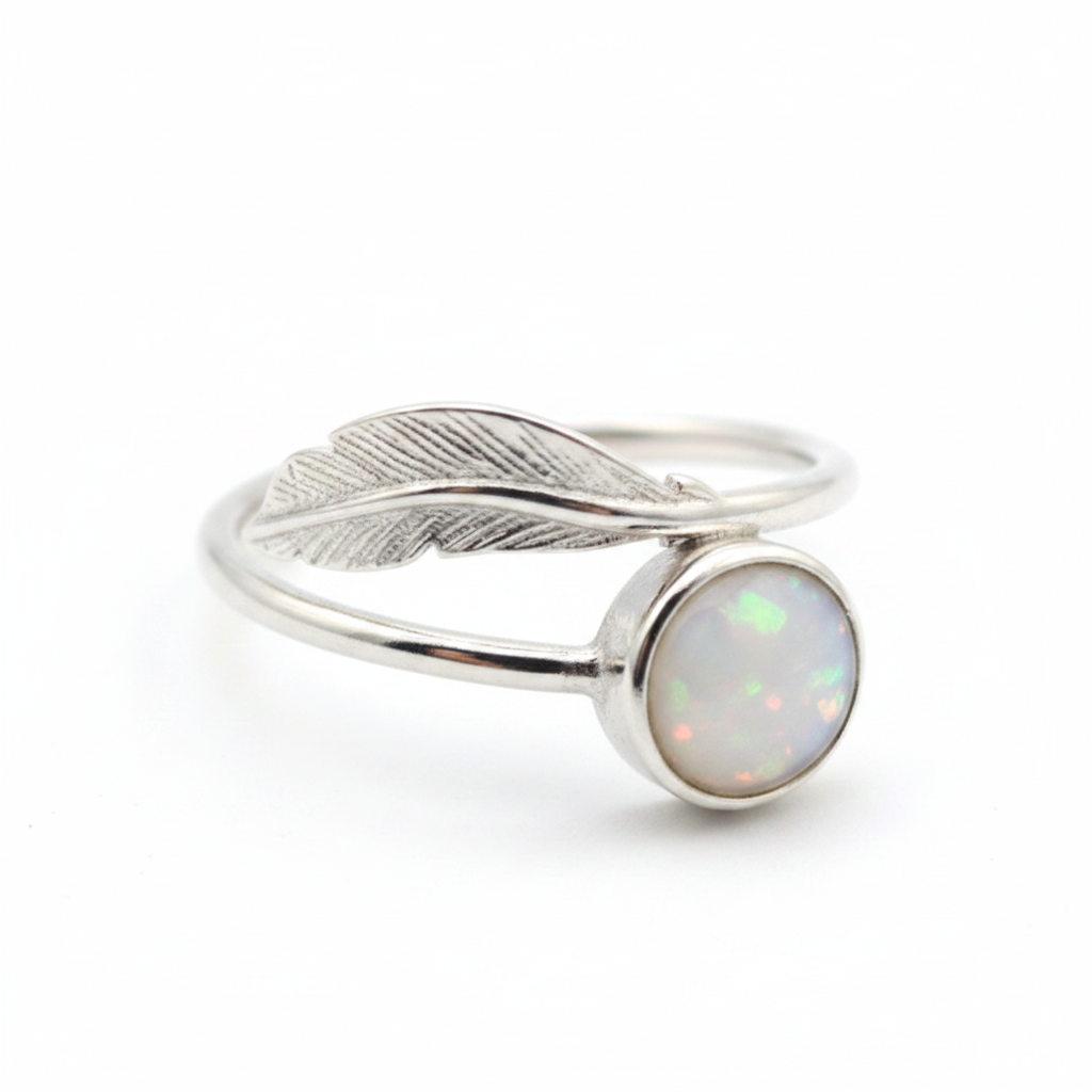 Silver 925 feather memorial ring — white pearl opal flakes resin in 6mm round setting