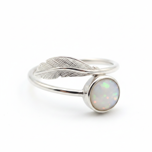 Silver 925 feather memorial ring — white pearl opal flakes resin in 6mm round setting