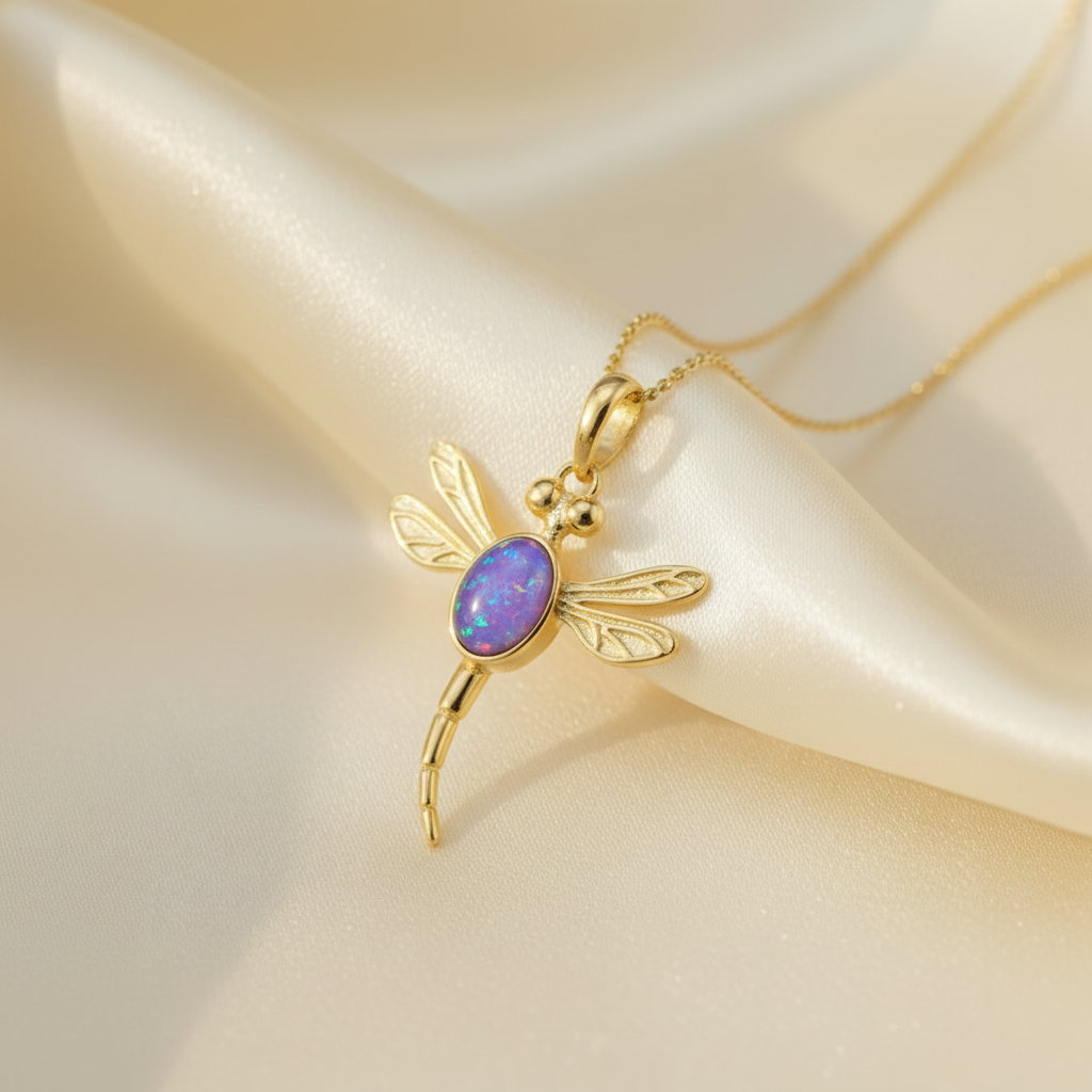 9ct gold dragonfly memorial pendant with lavender opal flakes