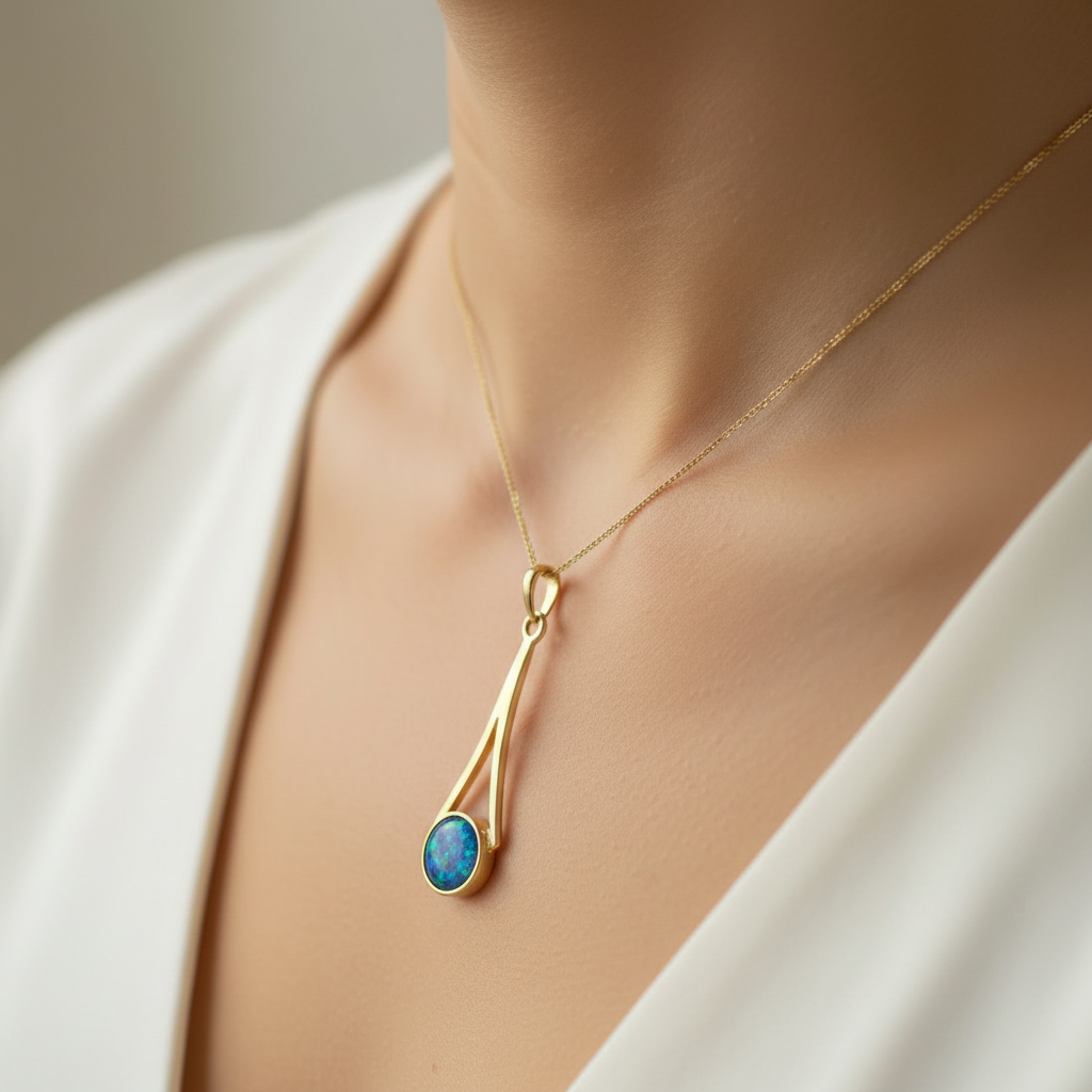 Model wearing 9ct gold elongated teardrop wire memorial pendant showing true scale on collarbone