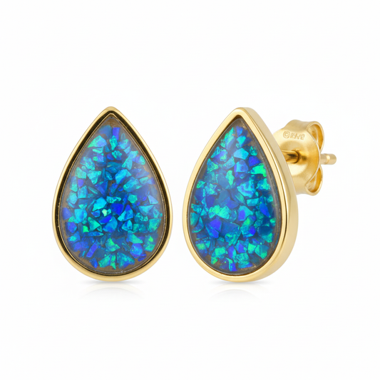 Gold pear shape stud earrings with blue opal flakes memorial resin