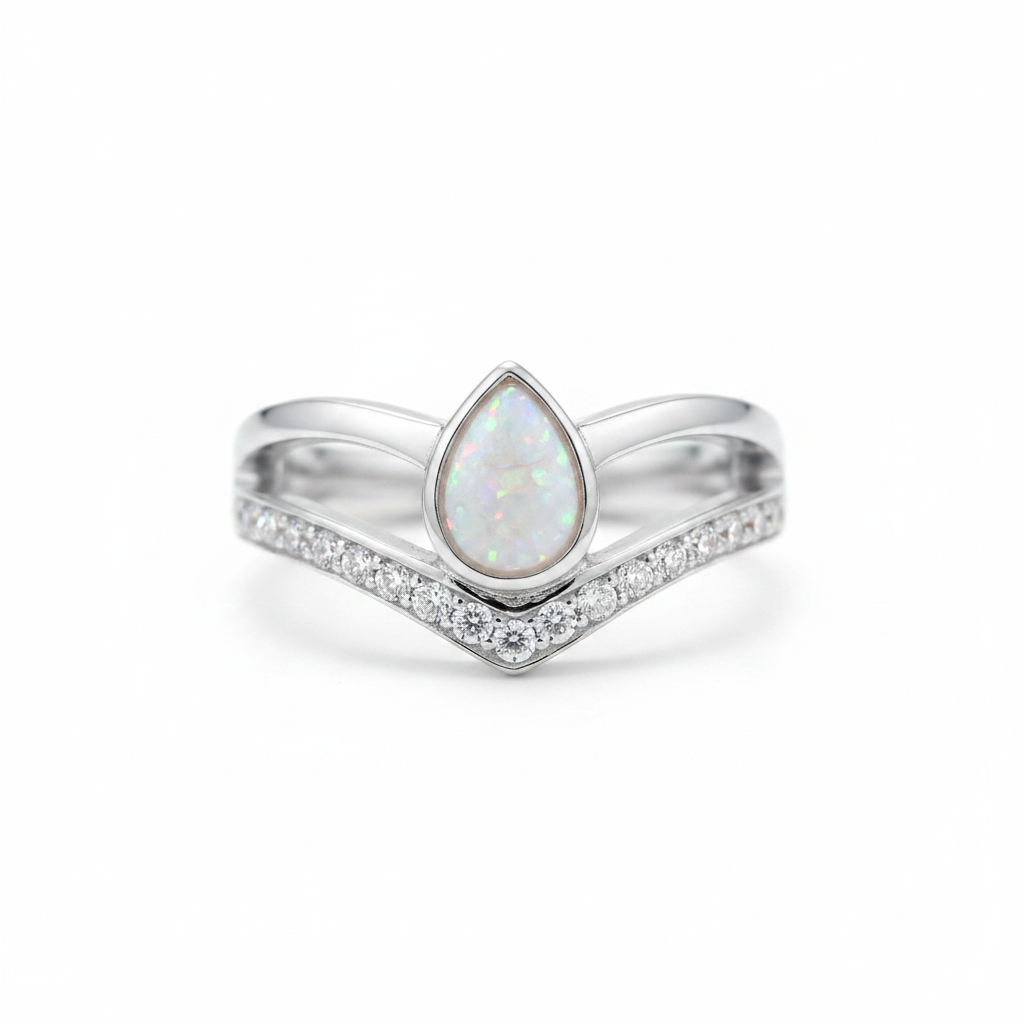 925 sterling silver pear wishbone memorial ring with white pearl opal flakes in pear bezel