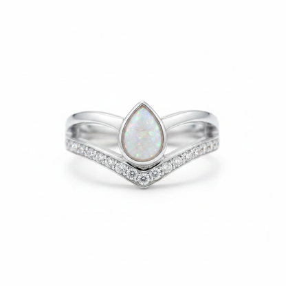925 sterling silver pear wishbone memorial ring with white pearl opal flakes in pear bezel
