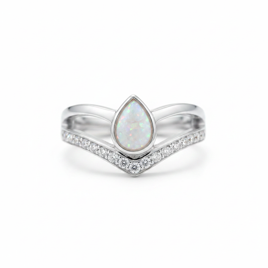 925 sterling silver pear wishbone memorial ring with white pearl opal flakes in pear bezel