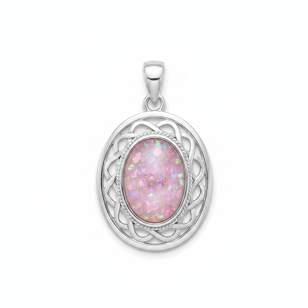 Silver 925 Celtic oval memorial pendant with pink opal flakes, white background