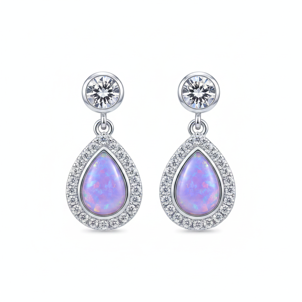 Silver 925 teardrop halo drop earrings - lavender purple opal