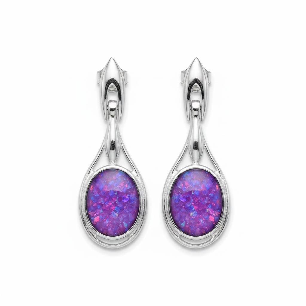 Silver 925 hinged drop earrings - lavender purple opal resin filled