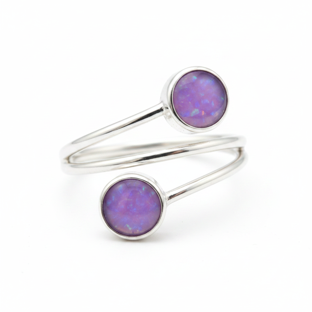 Silver 925 adjustable bypass memorial ring — lavender purple opal flakes resin in both 4mm and 6mm round settings