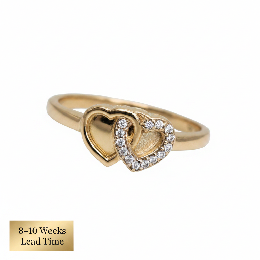 9ct Gold Entwined Love Heart CZ Ring — white background, 8-10 weeks lead time sticker