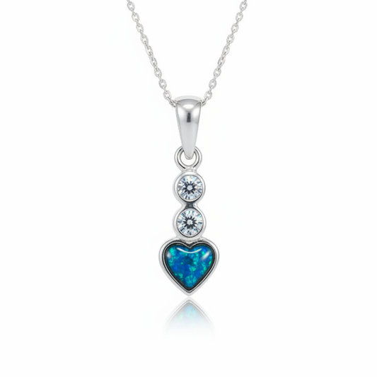 Silver 925 small heart and CZ pendant — blue teal opal flakes domed resin inclusion