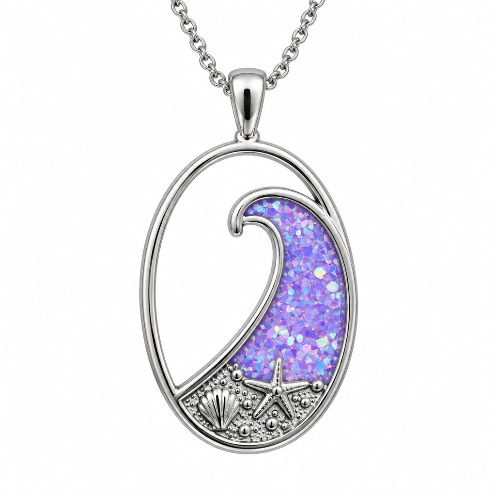 Ocean wave memorial pendant with lavender opal resin