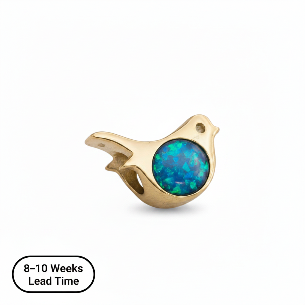 9ct Gold Robin Bead Charm — blue teal opal resin, white background