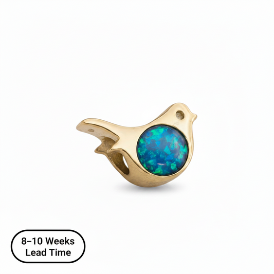 9ct Gold Robin Bead Charm — blue teal opal resin, white background