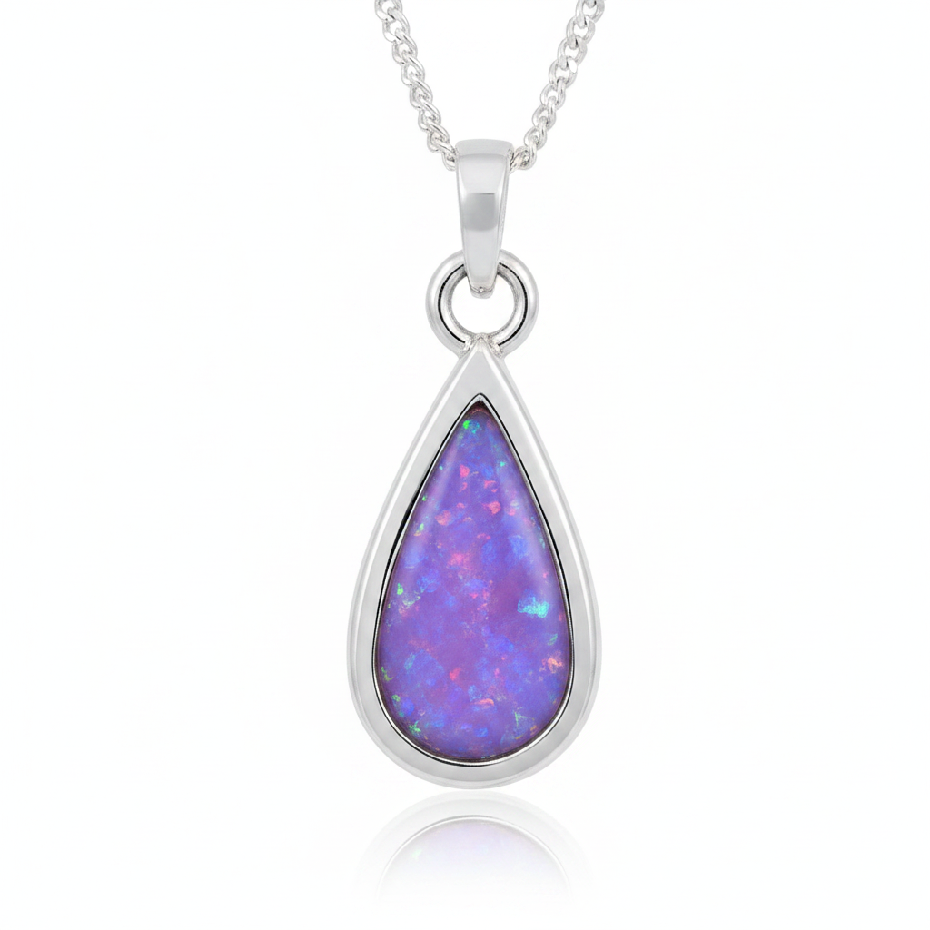 Small Thick Trim Teardrop 925 Silver Memorial Pendant with lavender opal resin — white background
