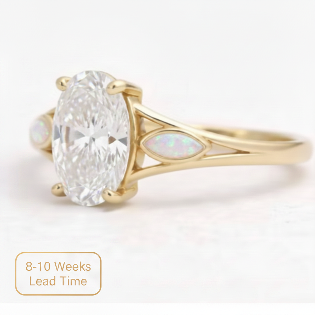 9ct Gold Oval Solitaire Statement CZ Ring — white pearl opal resin in marquise shoulder bezels