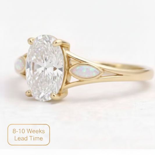 9ct Gold Oval Solitaire Statement CZ Ring — white pearl opal resin in marquise shoulder bezels