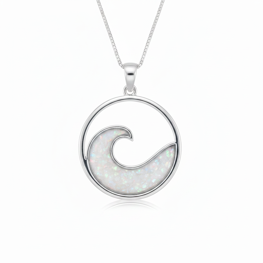 Silver 925 wave memorial pendant with white opal and mica resin on chain, white background